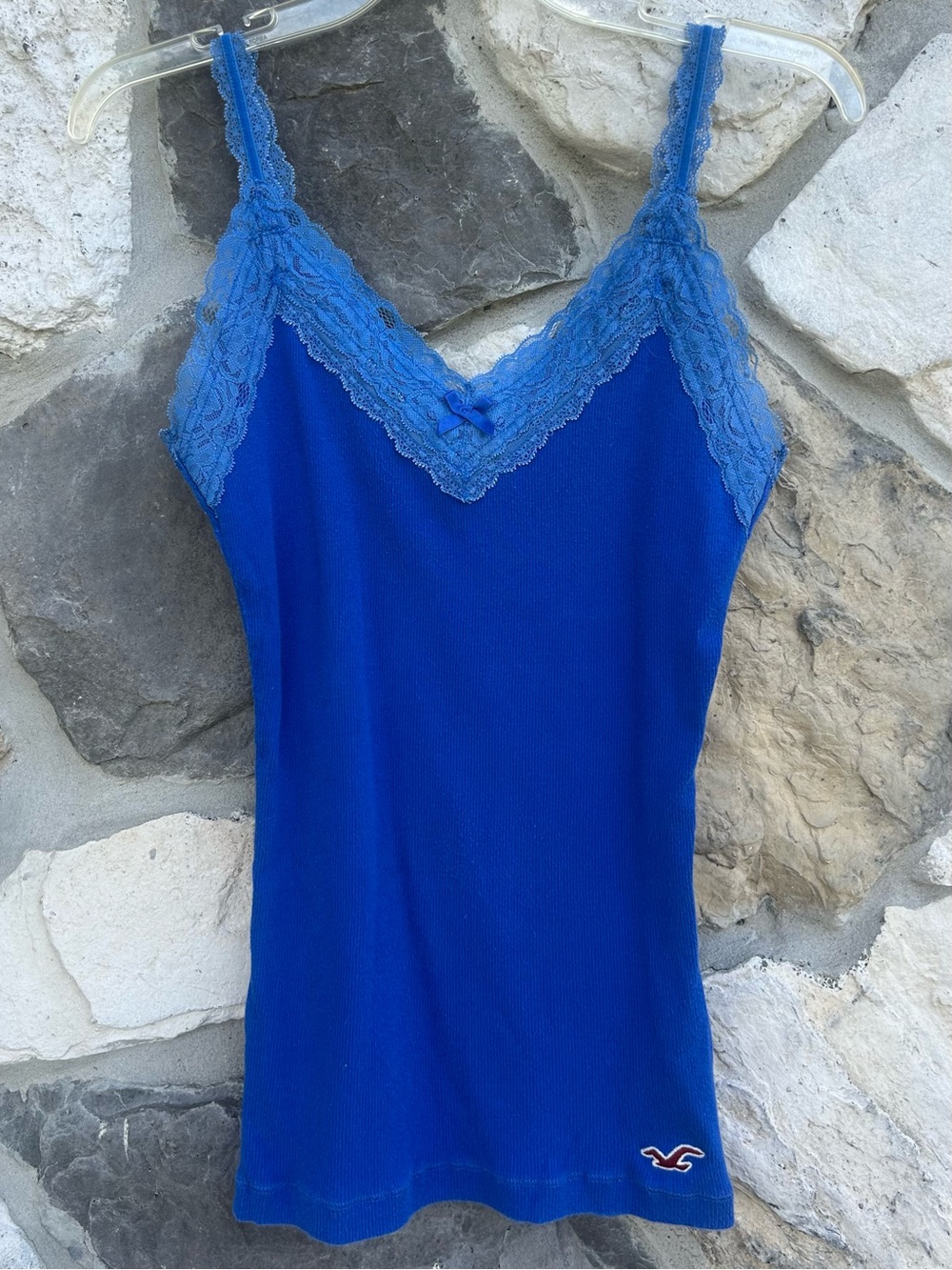 Y2K Hollister Lace Trim Cami Top Size M Blue Ribbed Fitted Preppy Elena Bella